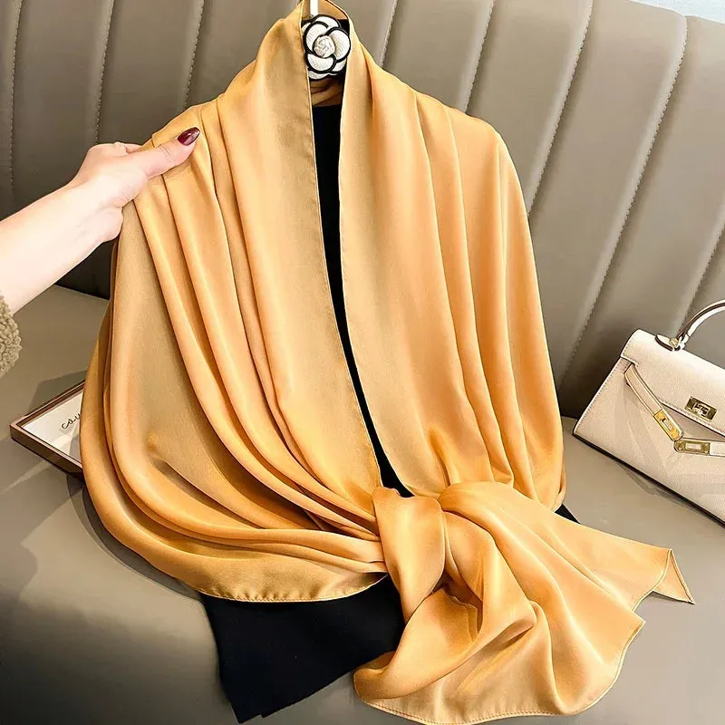 180x90cm Women Plain Big Silk Satin Scarf Shawl Headbands Headscarf Neckties Neckerchief Sun Protection Beach Towel Cover Ups