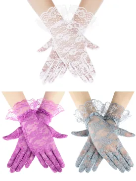 3 Pairs Women Lace Gloves Floral Lace Gloves Sun Protection Lace Gloves Dressy Gloves for Wedding Dinner Parties Black, Grey, Purple