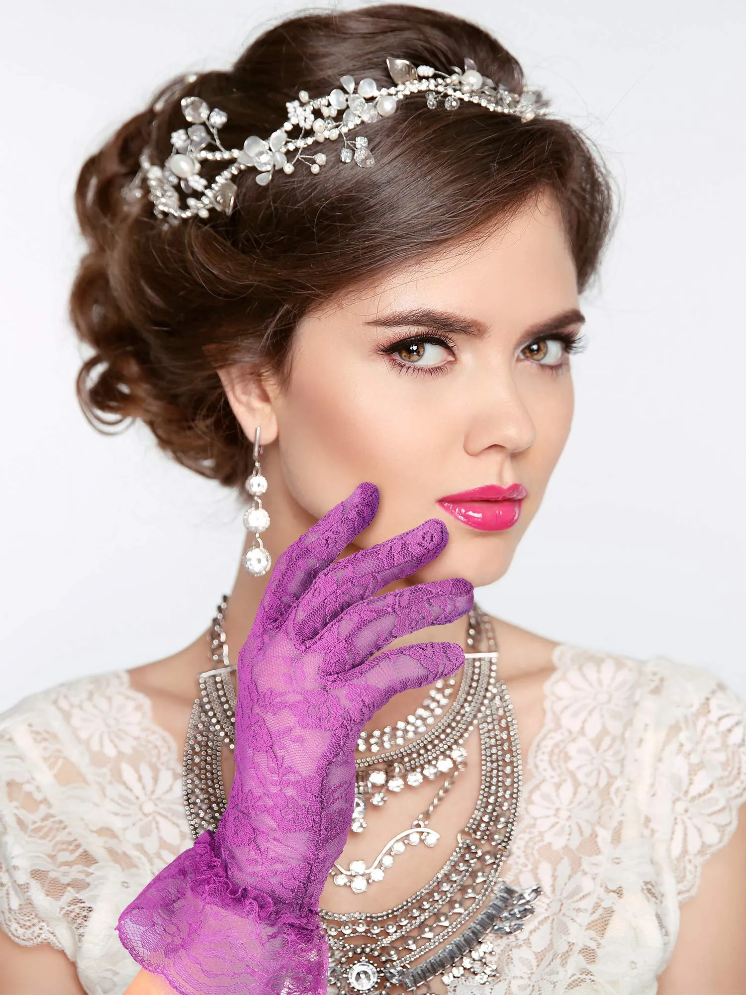 3 Pairs Women Lace Gloves Floral Lace Gloves Sun Protection Lace Gloves Dressy Gloves for Wedding Dinner Parties Black, Grey, Purple