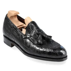 6 CM/2.36 Inches CMR CHAMARIPA Men's Height-Increasing Crocodile Tassel Loafers - Handcrafted Black Leather