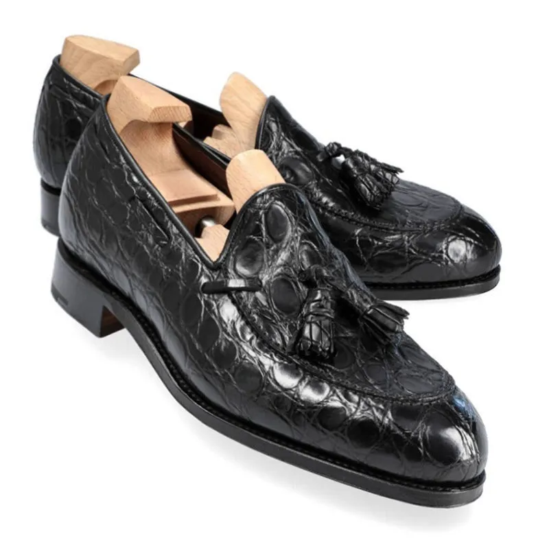 6 CM/2.36 Inches CMR CHAMARIPA Men's Height-Increasing Crocodile Tassel Loafers - Handcrafted Black Leather