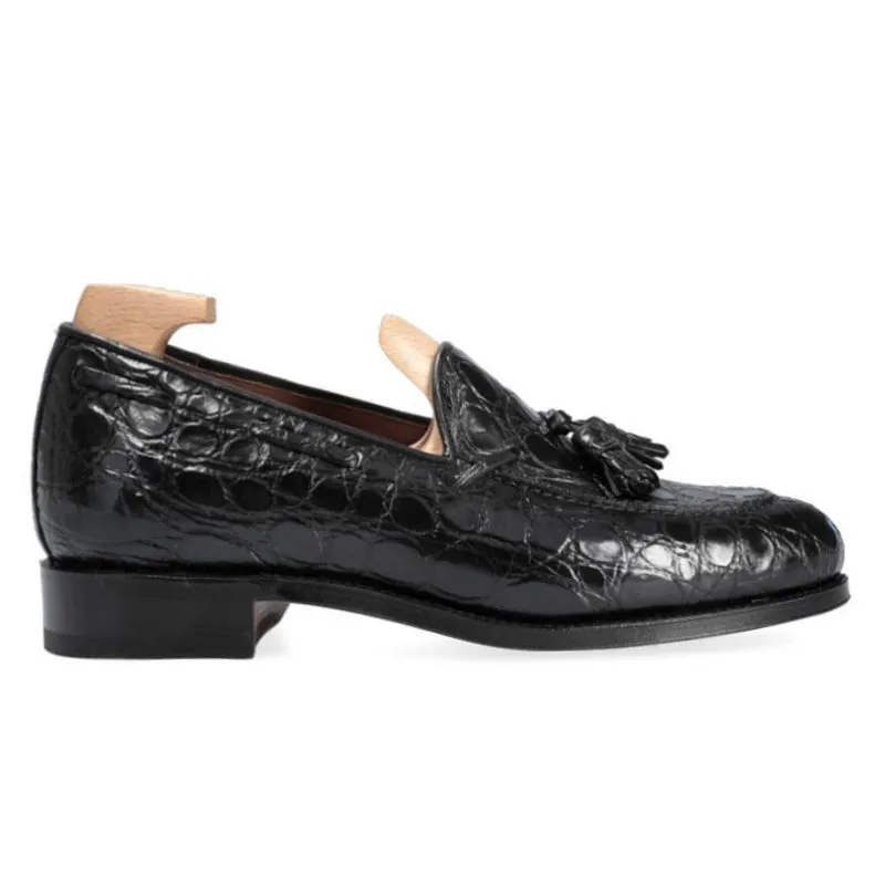 6 CM/2.36 Inches CMR CHAMARIPA Men's Height-Increasing Crocodile Tassel Loafers - Handcrafted Black Leather