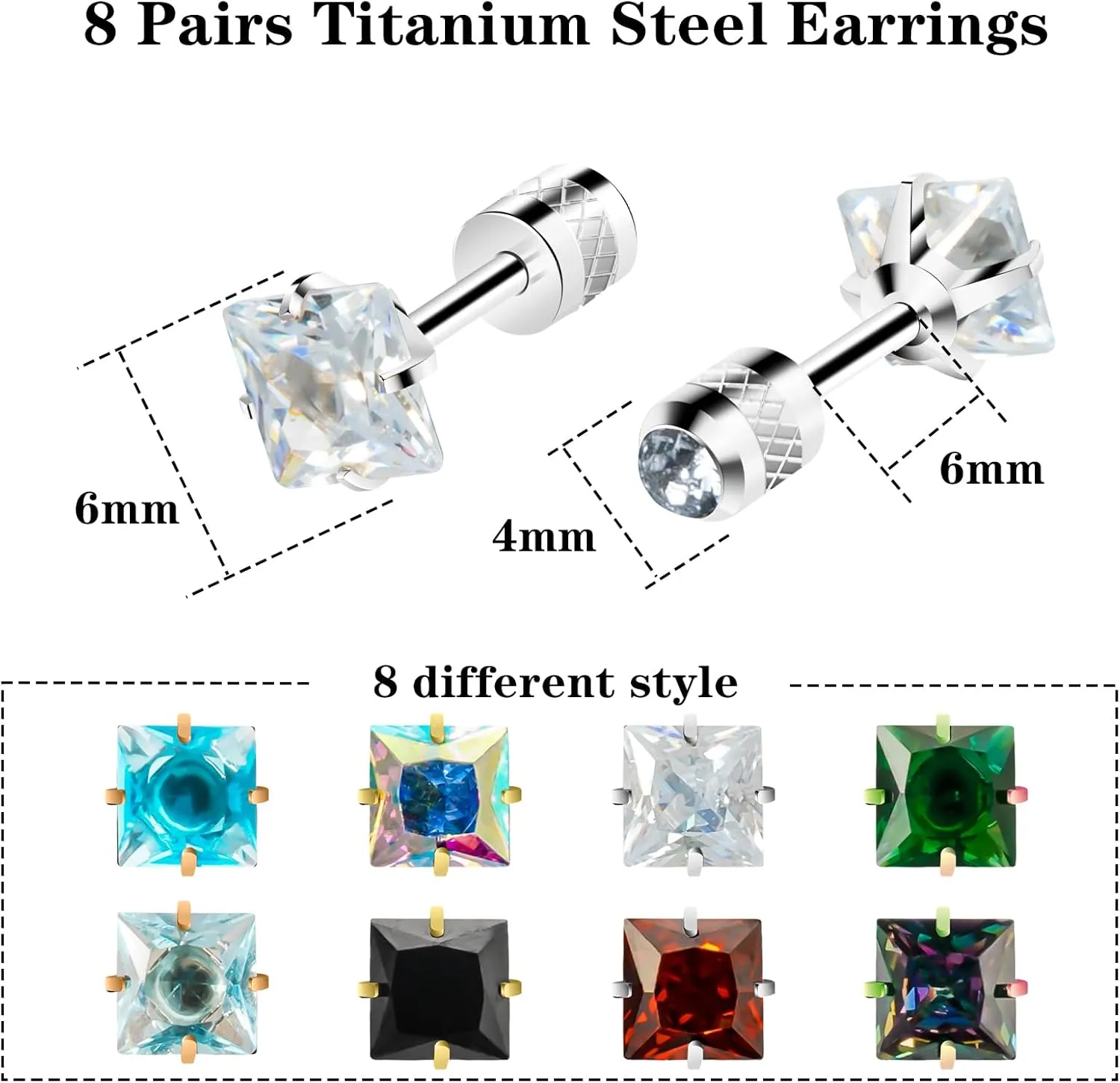 8 Pairs Flat Back Stud Earrings for Women Men, Hypoallergenic Surgical Stainless Steel 5A Cubic Zirconia Earrings Set Jewelry for Men