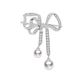 Akoya Pearl 18K White Gold Bowknot Diamond Brooch