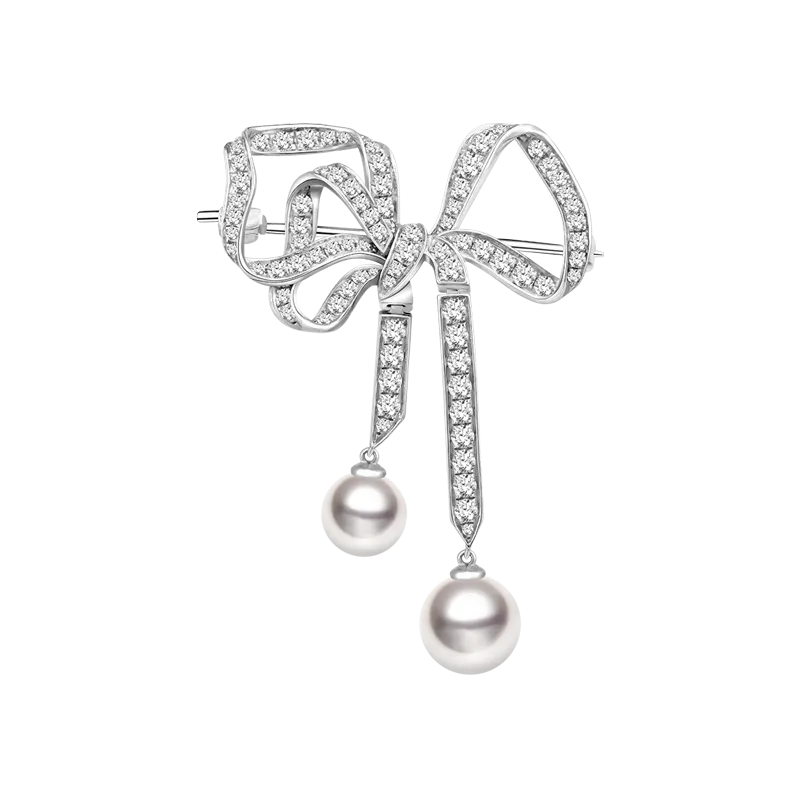 Akoya Pearl 18K White Gold Bowknot Diamond Brooch