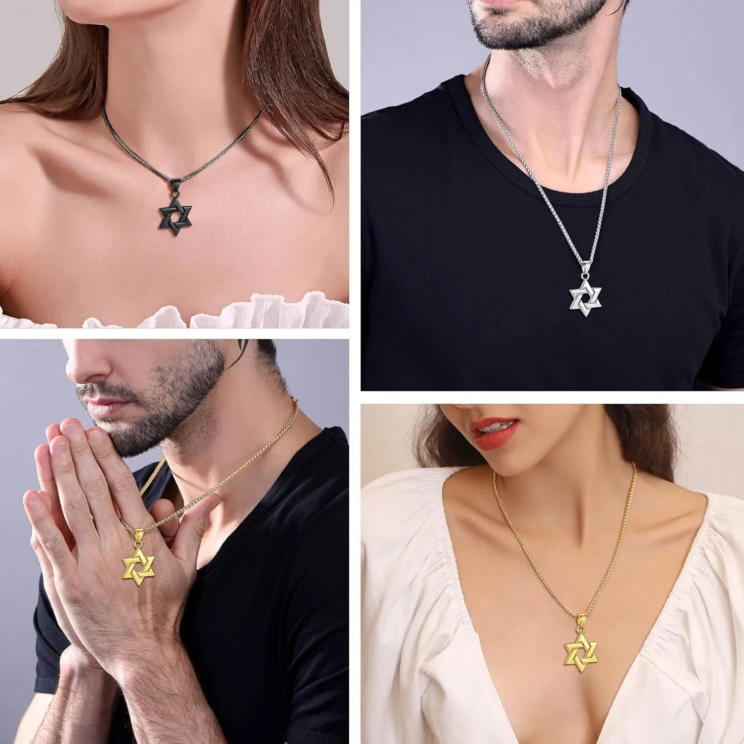 Bestyle Star of David Necklace Handmade Stainless Steel Hexagram Pendant Israel Jewish Star Necklace Religious Jewelry, Protective Amulet Gift for Men Boys