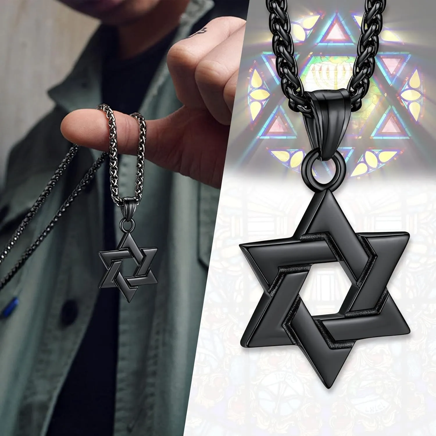 Bestyle Star of David Necklace Handmade Stainless Steel Hexagram Pendant Israel Jewish Star Necklace Religious Jewelry, Protective Amulet Gift for Men Boys