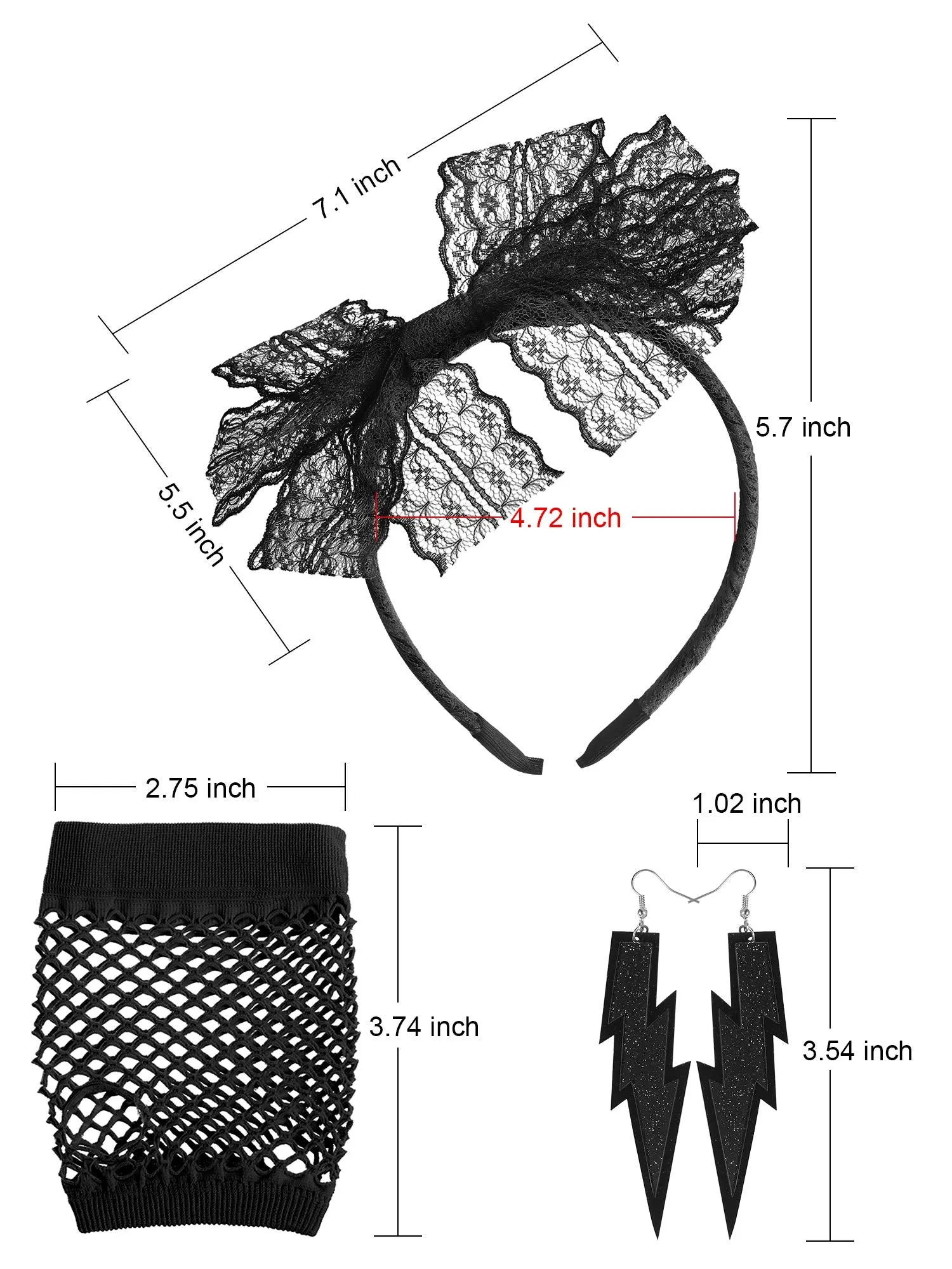 Blulu 80's Lace Headband Neon Earrings Fingerless Fishnet Gloves for 80's Party (Black)