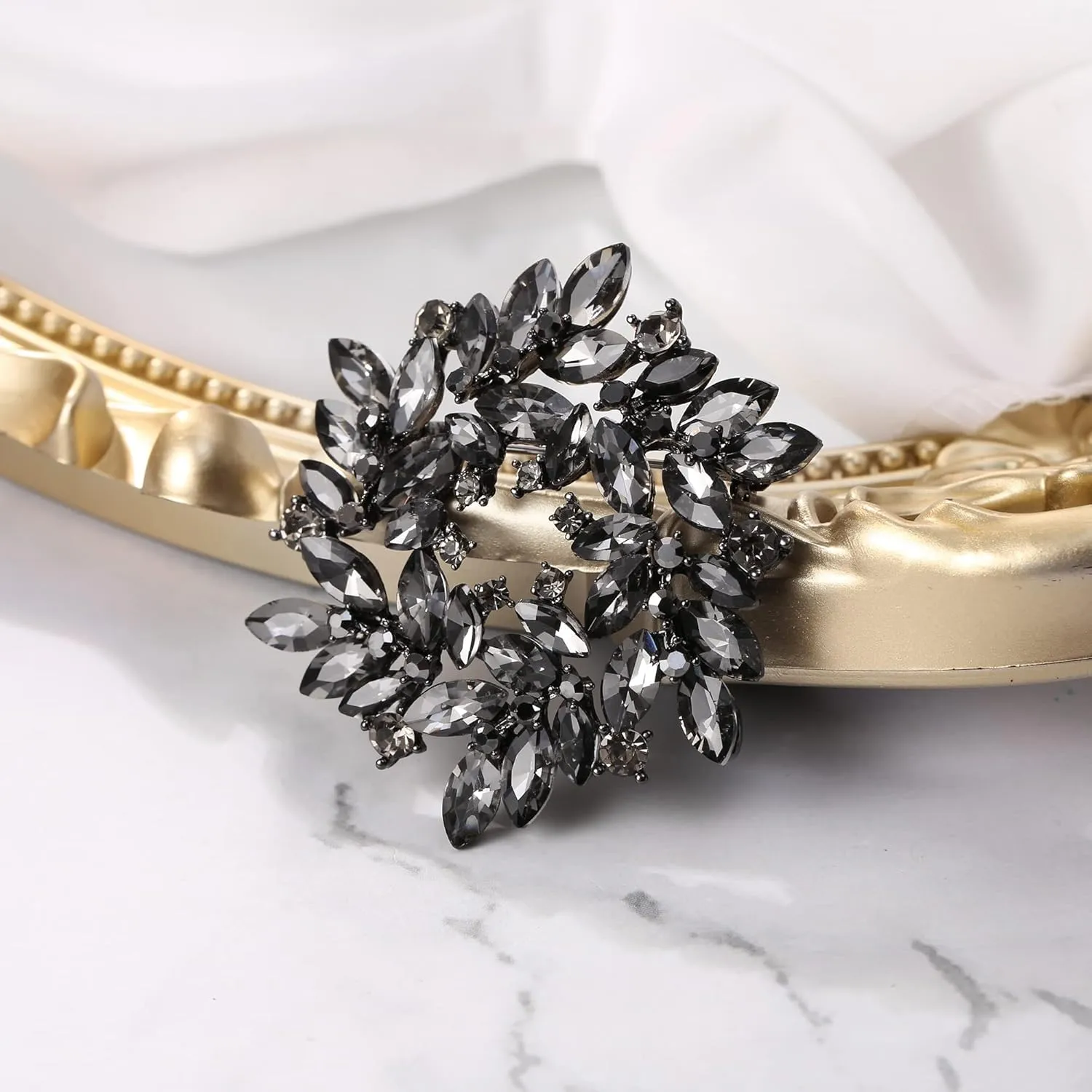 BriLove Austrian Crystal Rhinestone Elegant Flower Marquise Wreath Brooches for Women
