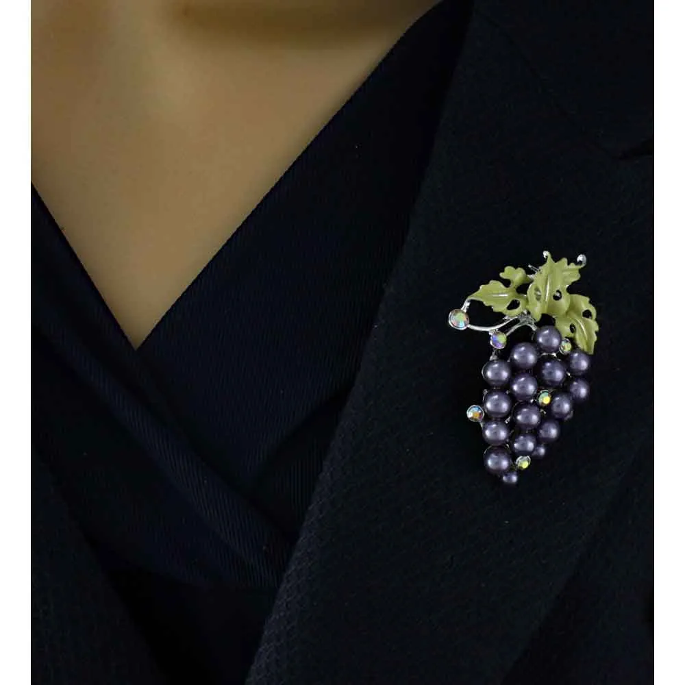 Bunch of Purple Pearl Grapes Brooch Pin with Crystals -PRF515