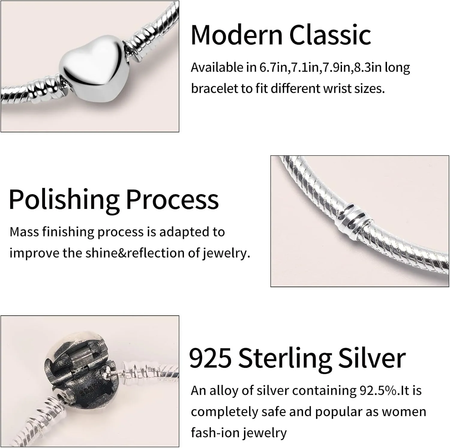 Charm Bracelet For Woman 925 Sterling Silver Jewelry Moments Heart Clasp Snake Chain Bracelet Fit Any Charm Gift for Women Girl