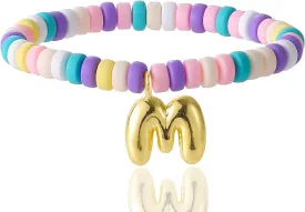 Colorful Beaded Initial Bracelets for Women Trendy, Cute Stretch Gold Letter Charm Bracelets, Personalized Jewelry Gift