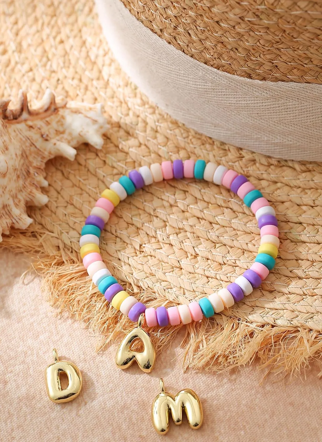 Colorful Beaded Initial Bracelets for Women Trendy, Cute Stretch Gold Letter Charm Bracelets, Personalized Jewelry Gift