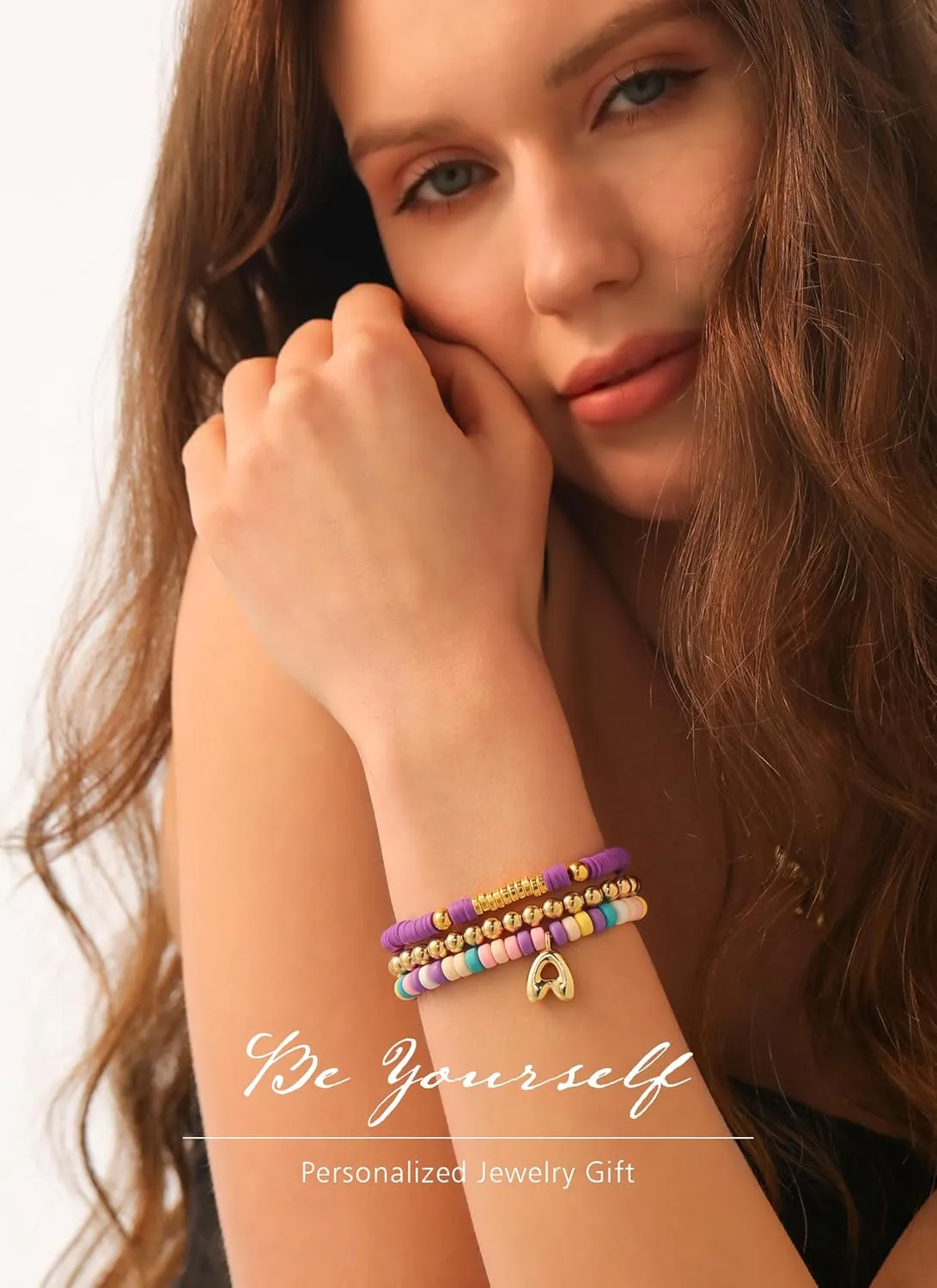 Colorful Beaded Initial Bracelets for Women Trendy, Cute Stretch Gold Letter Charm Bracelets, Personalized Jewelry Gift