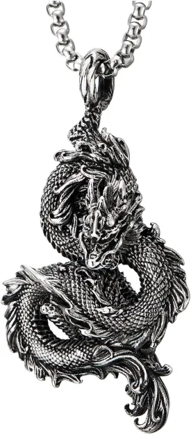 COOLSTEELANDBEYOND Mens Vintage Stainless Steel Curl up Dragon Pendant Necklace with 30 inches Wheat Chain