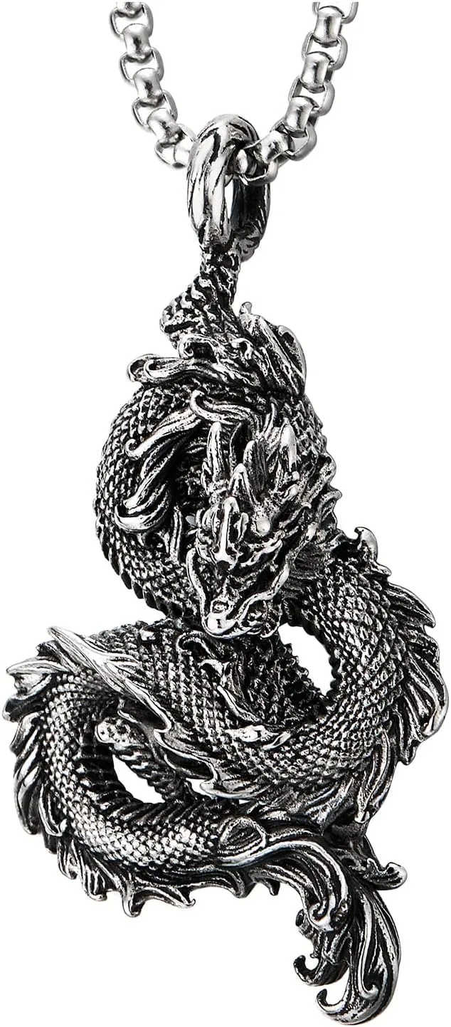 COOLSTEELANDBEYOND Mens Vintage Stainless Steel Curl up Dragon Pendant Necklace with 30 inches Wheat Chain