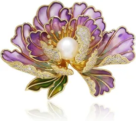 Dainty Flower Brooch Pins for Women Graceful Cubic Zircon Peony Pearl Enamel Badges Lapel Pins Trendy Banquet Prom Dress Jewelry Accessories Gift