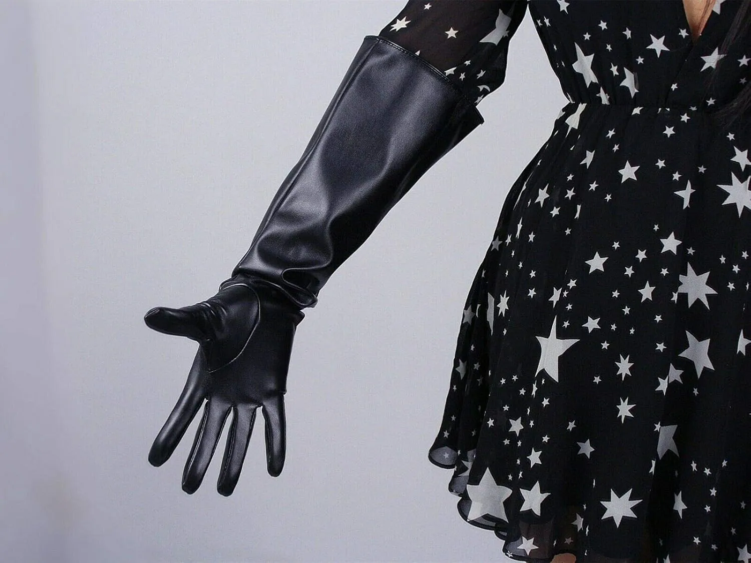 DooWay Women Long Leather Gauntlet Gloves 20" Faux Lambskin Stretch for Cosplay Dance Costume Party