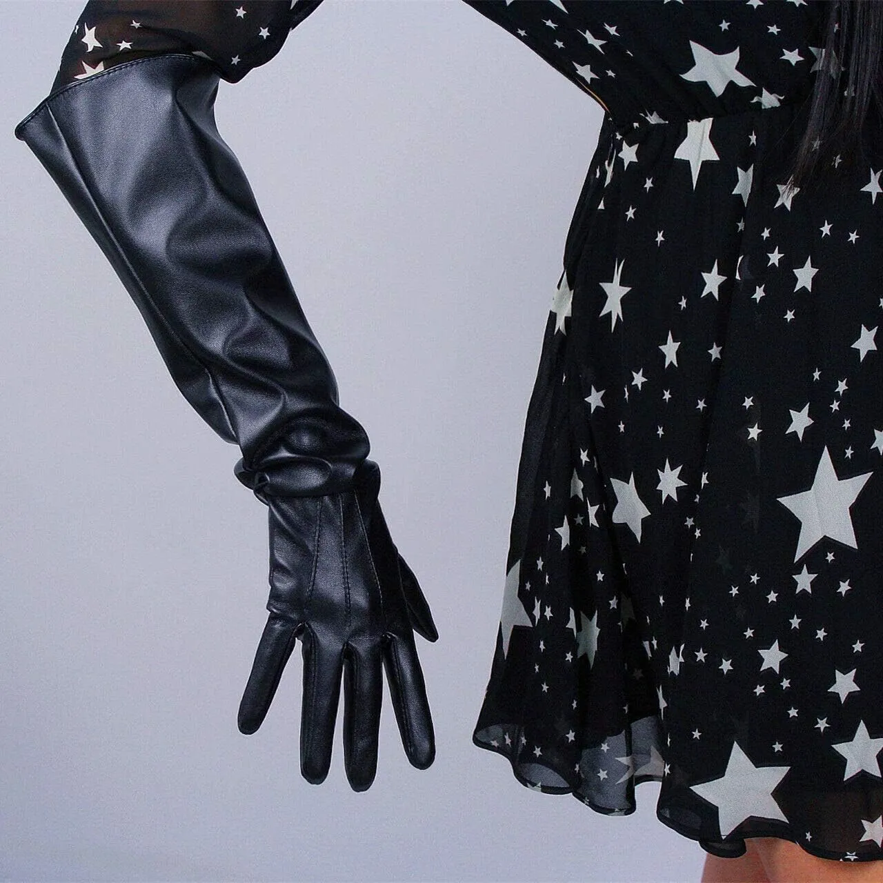 DooWay Women Long Leather Gauntlet Gloves 20" Faux Lambskin Stretch for Cosplay Dance Costume Party
