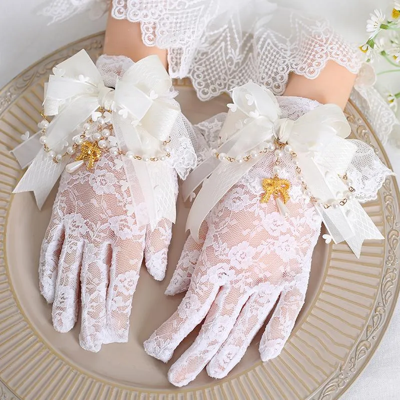 Elegant Lolita Gloves White Black Gloves With Lace Bow