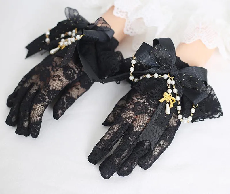 Elegant Lolita Gloves White Black Gloves With Lace Bow