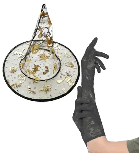 Enchanting Black Witch Hat with Gold Halloween Prints & Long Lace Gloves Set