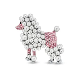 Fashion Crystal White Pearl Pink Poodle Brooche Pin Rhodium Plated Statement