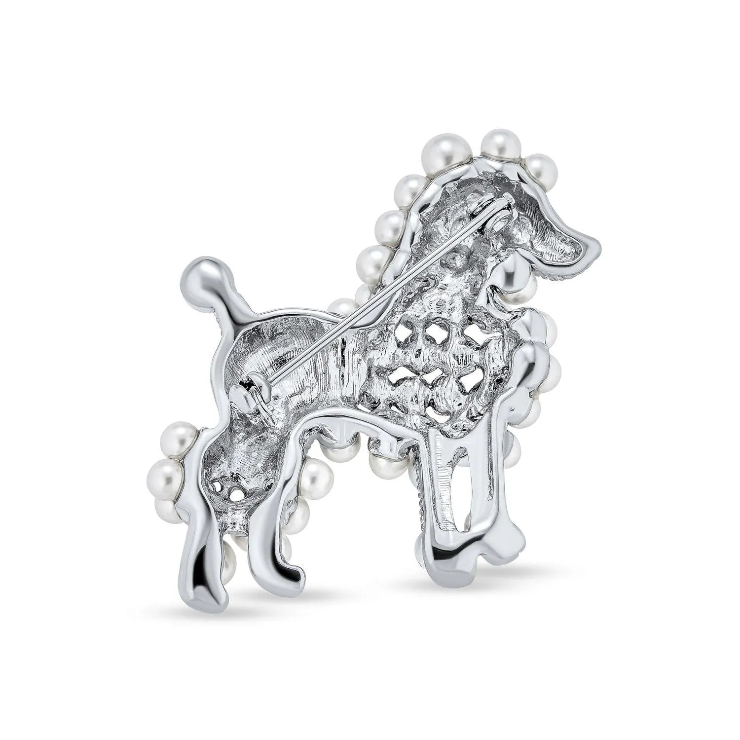 Fashion Crystal White Pearl Pink Poodle Brooche Pin Rhodium Plated Statement