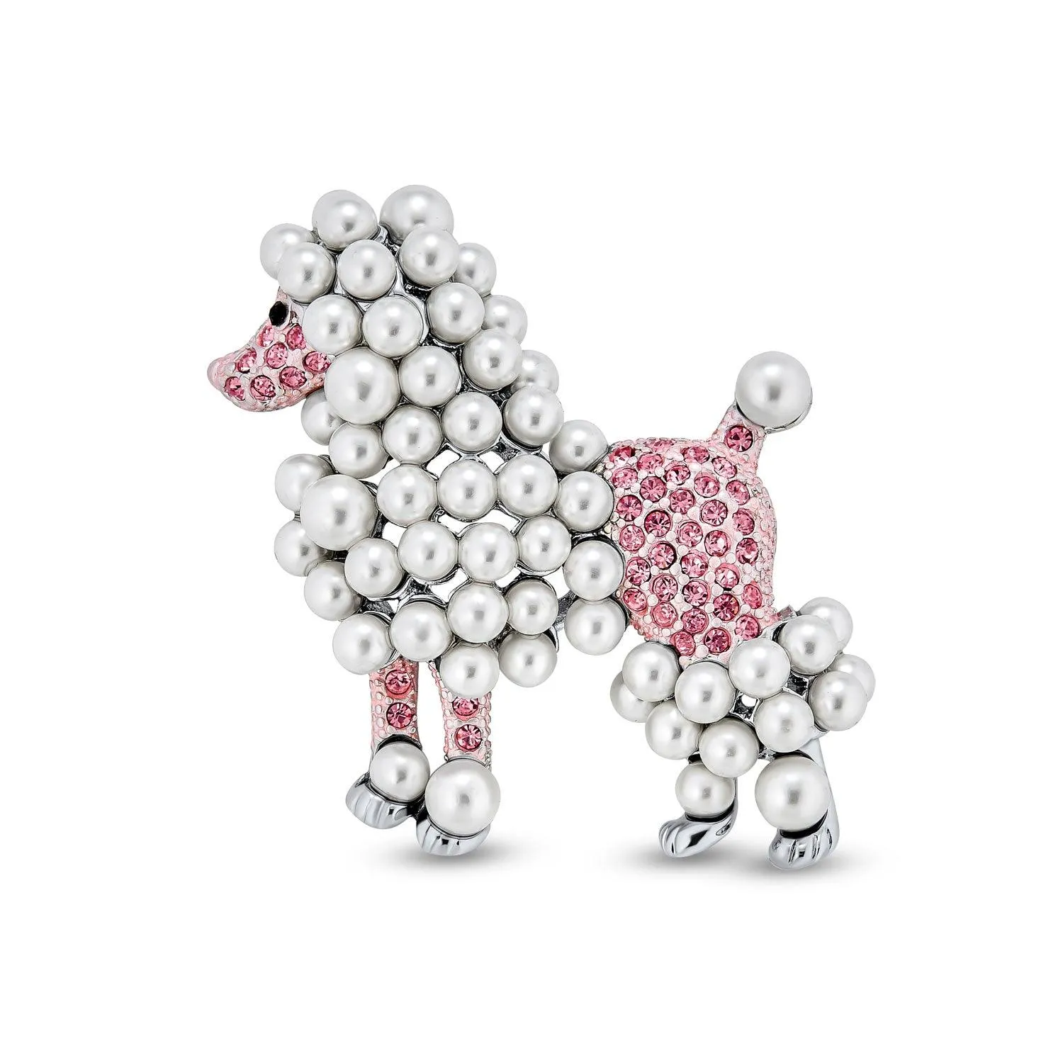 Fashion Crystal White Pearl Pink Poodle Brooche Pin Rhodium Plated Statement