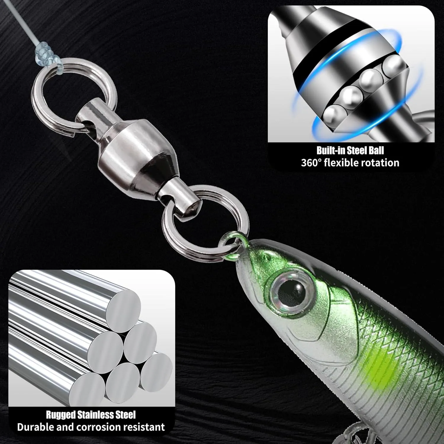 Fishing Swivels with Split Rings, 25/50pcs Ball Bearing Swivel Speed Clips Stainless Quick Change Connector for Saltwater