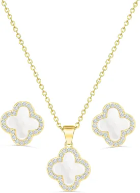 Four Leaf Crystal Clover Necklace Earring Set for Women 18K Gold Plated Stainless Steel Cubic Zirconia Pendant 4 Leaf Lucky Ear Studs Jewelry Gift for Mother and Daughter