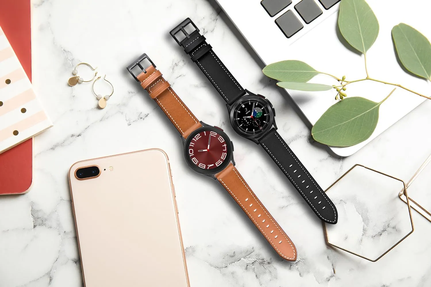 Galaxy Watch 5 Pro Bands 45mm, Galaxy Watch 7/6/4 Classic Band 46mm 43mm 42mm, Samsung Galaxy Watch 6/5/4/Acitve 2 Bands 44mm 40mm, 20mm Leather Wristband Replacement Strap Men, Black Brown