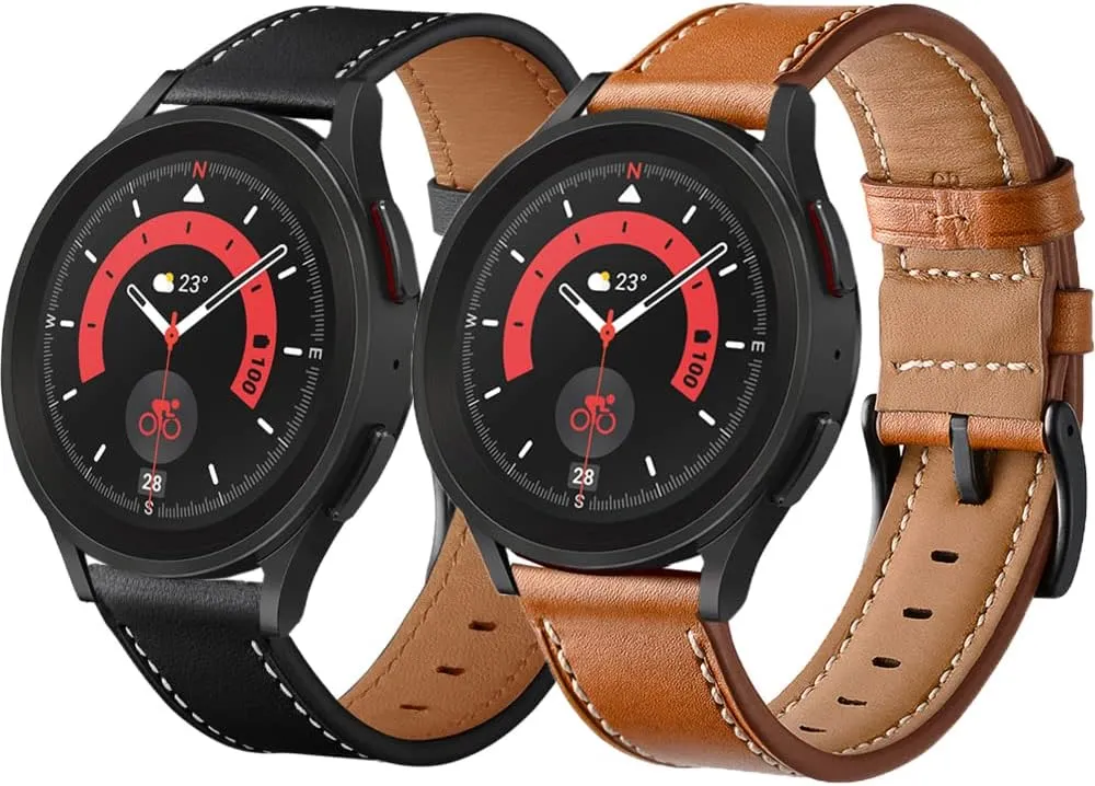 Galaxy Watch 5 Pro Bands 45mm, Galaxy Watch 7/6/4 Classic Band 46mm 43mm 42mm, Samsung Galaxy Watch 6/5/4/Acitve 2 Bands 44mm 40mm, 20mm Leather Wristband Replacement Strap Men, Black Brown