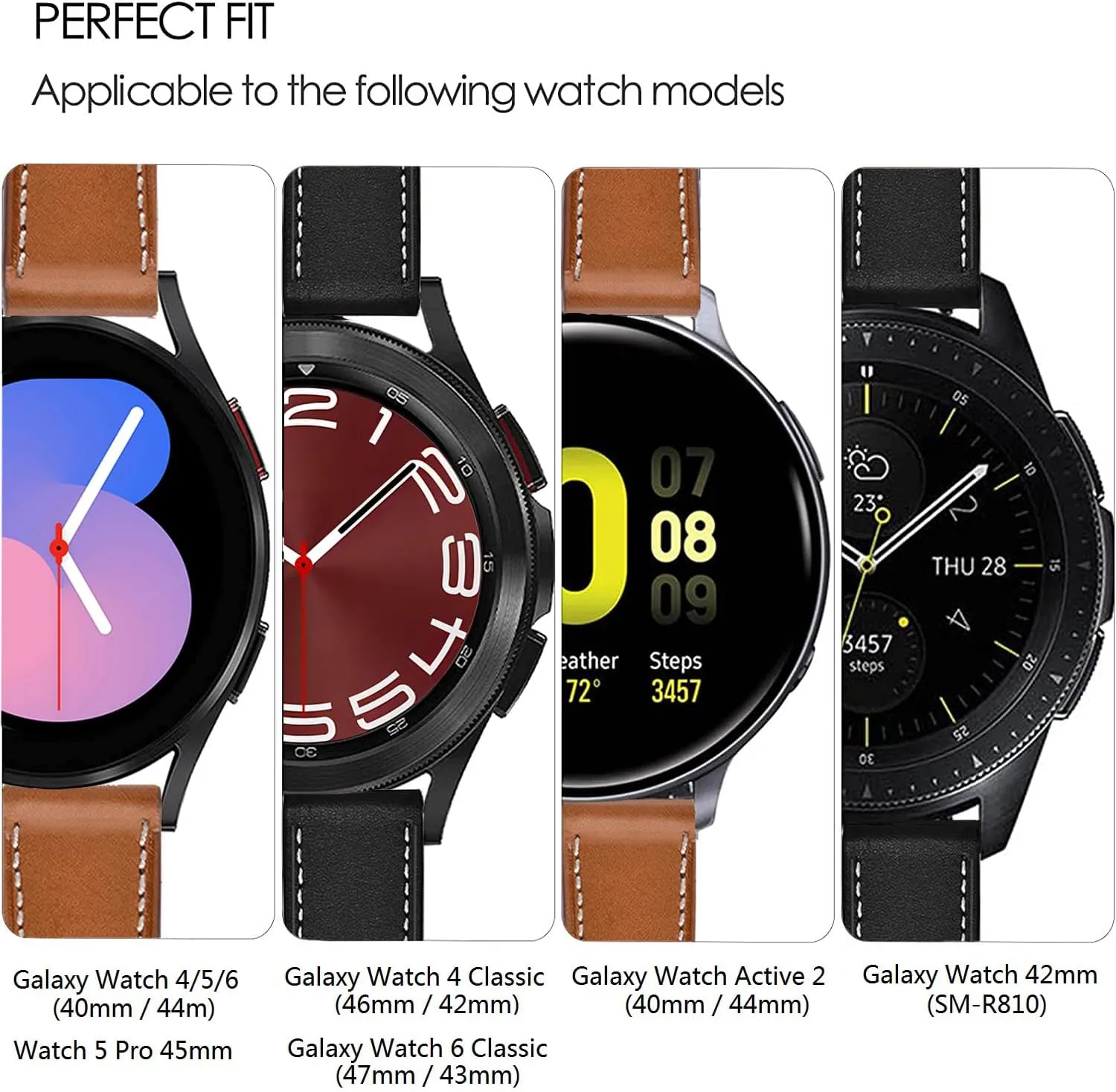 Galaxy Watch 5 Pro Bands 45mm, Galaxy Watch 7/6/4 Classic Band 46mm 43mm 42mm, Samsung Galaxy Watch 6/5/4/Acitve 2 Bands 44mm 40mm, 20mm Leather Wristband Replacement Strap Men, Black Brown