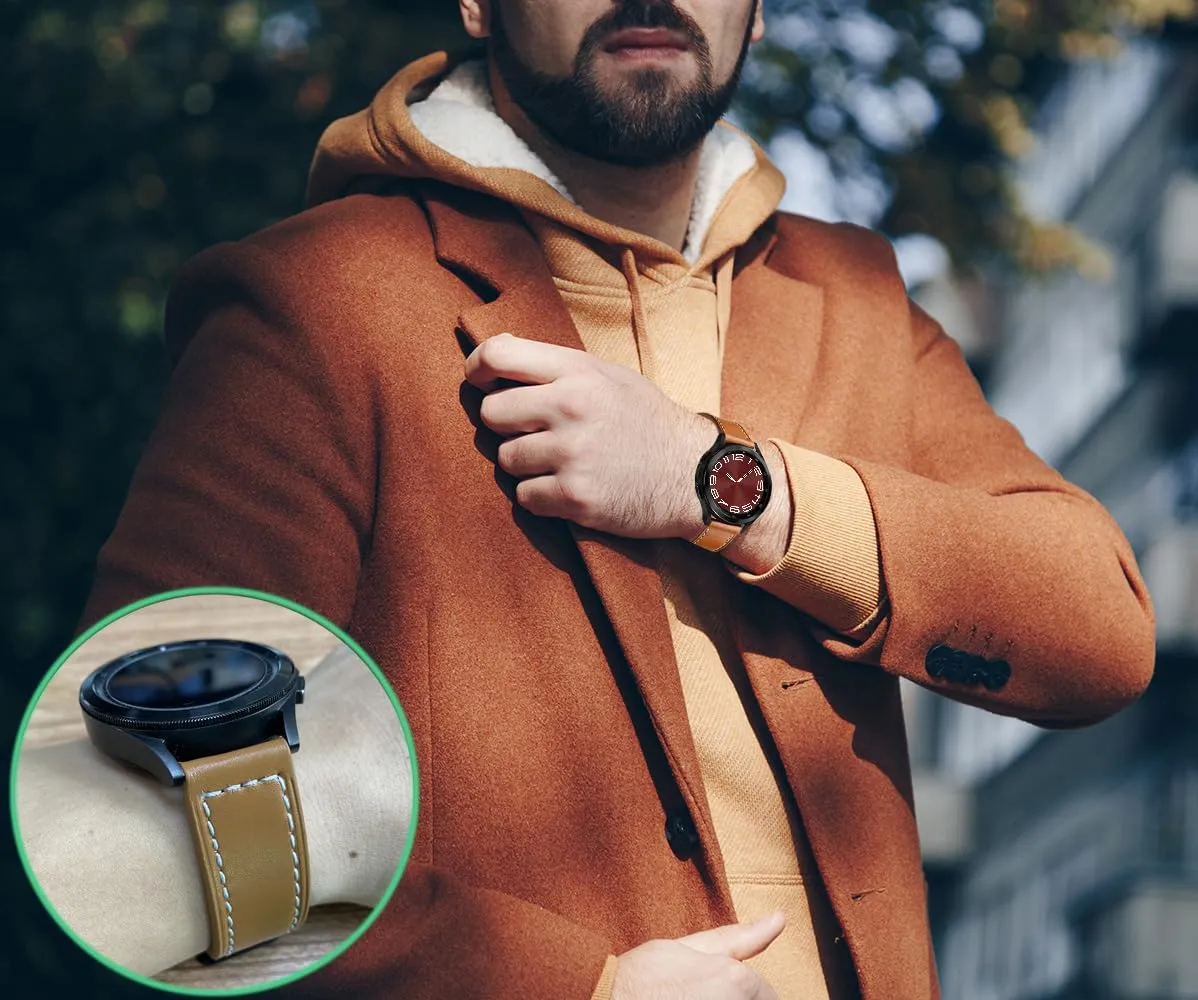 Galaxy Watch 5 Pro Bands 45mm, Galaxy Watch 7/6/4 Classic Band 46mm 43mm 42mm, Samsung Galaxy Watch 6/5/4/Acitve 2 Bands 44mm 40mm, 20mm Leather Wristband Replacement Strap Men, Black Brown