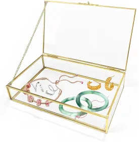 Gold Glass Jewelry Box, Vintage Glass Box with Lid with Chain Rectangle Keepsake Box Trinket Box Card Box Jewelry Display Organizer for Weddings, Events, Birthday Party(8.66x5.31x1.77in)