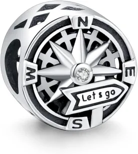 KEQ LET'S GO Travel Compass Charm Fit for Pandora Moment Bracelets 925 Sterling Silver Adventures Backpack Airplane Bead Charm Gift for Women