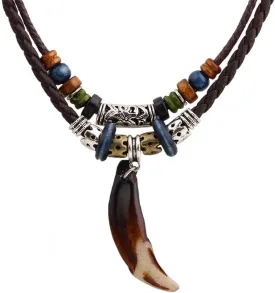 Leather Tribal Necklace for Women and Men Vintage Bohemian Style Ethnic Wood Beads Choker Braided Adjustable Double Layers Beaded Charm Cross Pendant