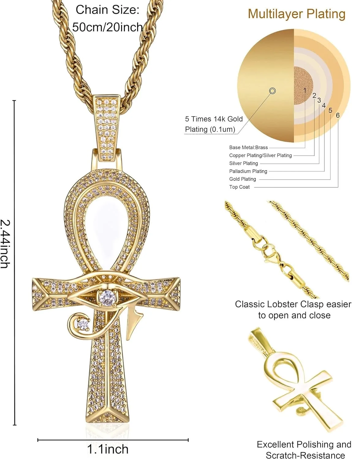 LuxeFlex Gothic Iced Out Diamond Jesus Cross Necklace with 20" Stainless Steel Rope Chain, 14K Gold Plated Pendant Religious Faith Cross Jewelry Gifts, Underground Hip-Hop Jewelry for Men Women