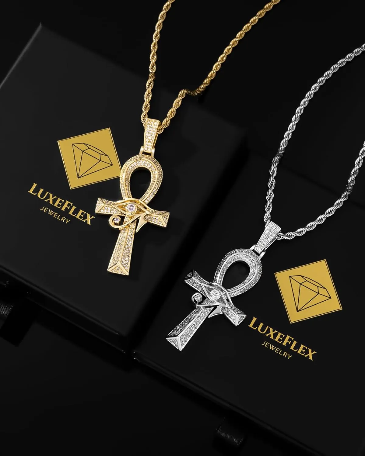 LuxeFlex Gothic Iced Out Diamond Jesus Cross Necklace with 20" Stainless Steel Rope Chain, 14K Gold Plated Pendant Religious Faith Cross Jewelry Gifts, Underground Hip-Hop Jewelry for Men Women