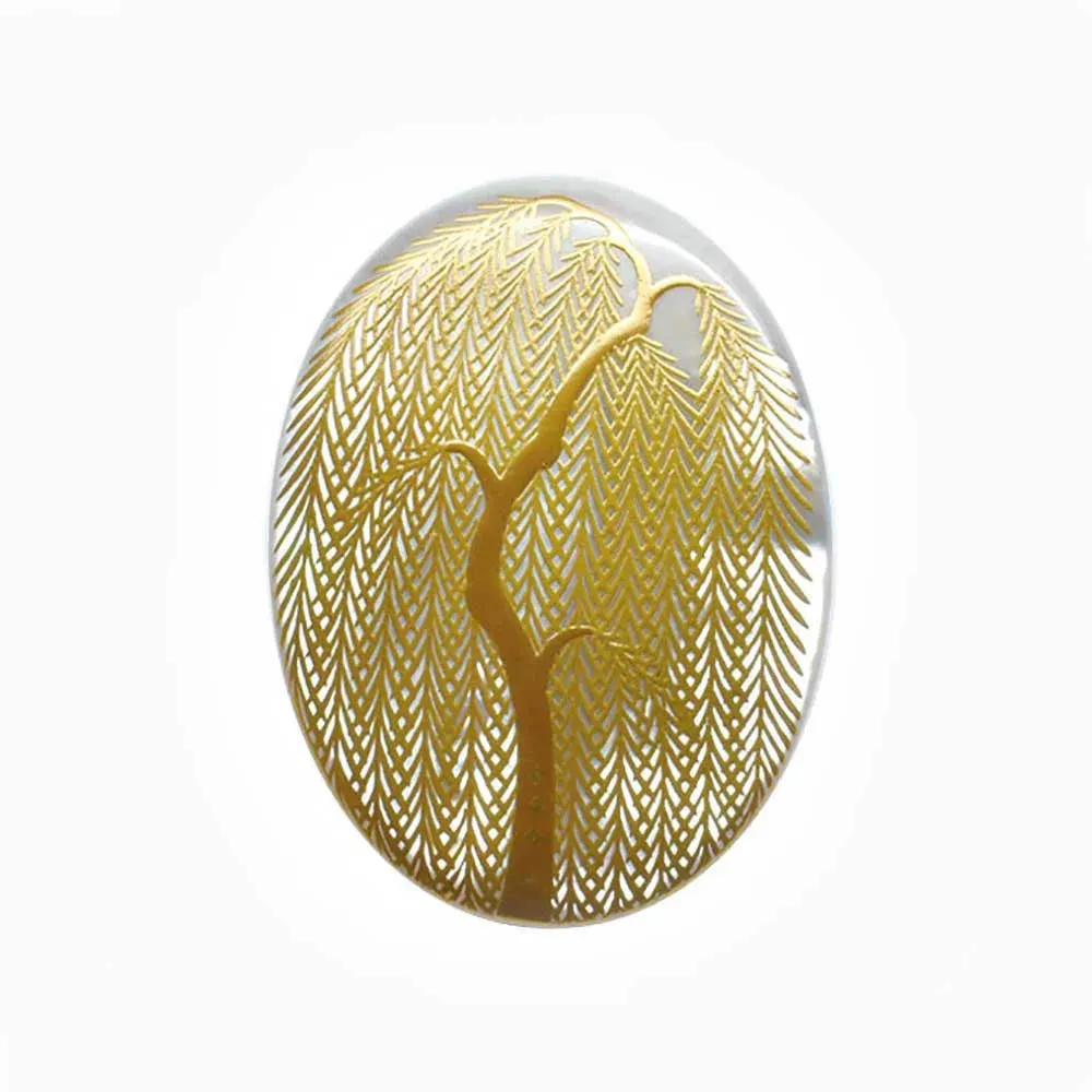 Maki-e Urushi Lacquer Brooch - White South Sea Pearl Shell / Willow Tree -, Traditional Japanese Urushi Lacquer Jewelry