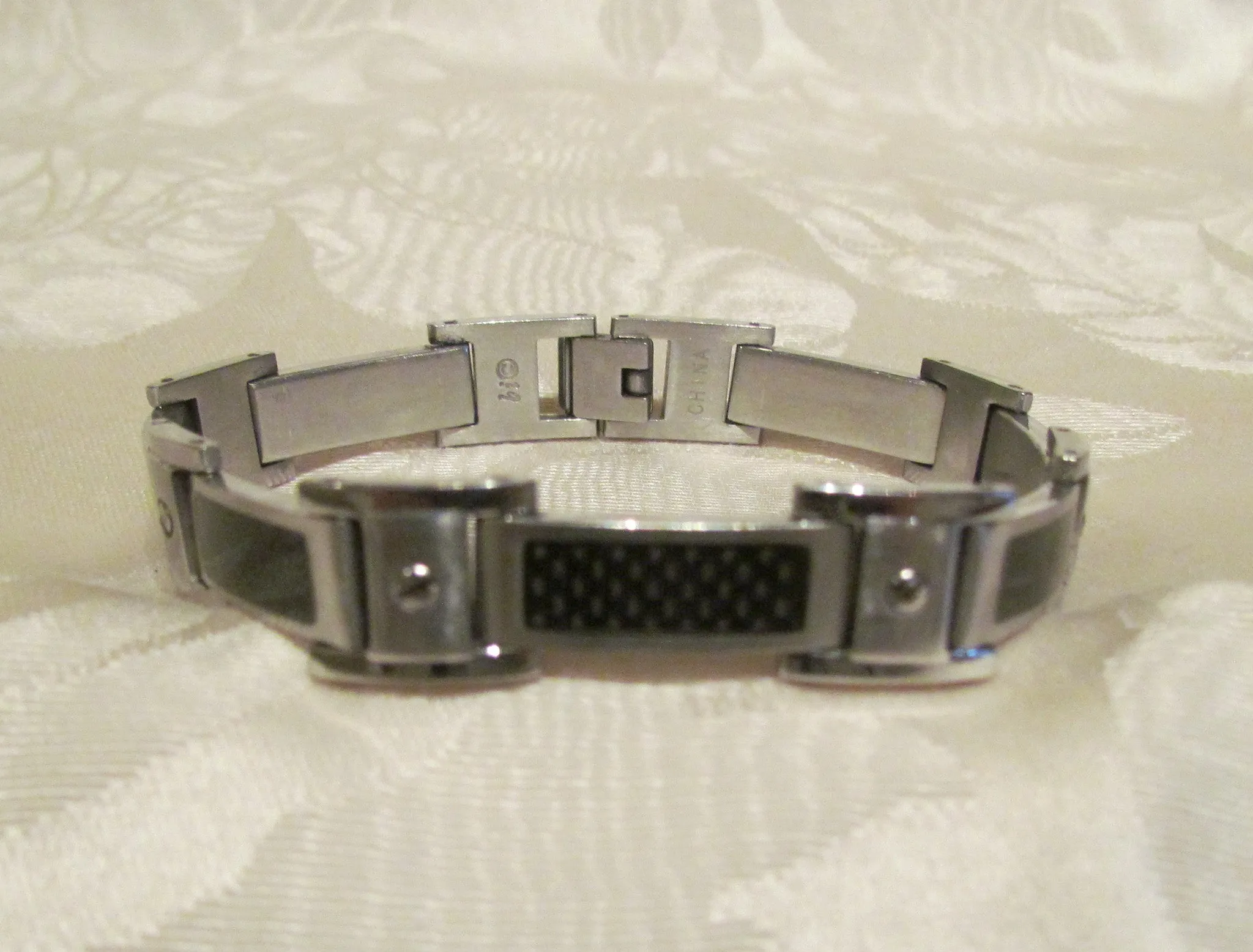 Mens Stainless Steel Link And Enamel Bracelet Vintage Holographic Enamel Inset Links