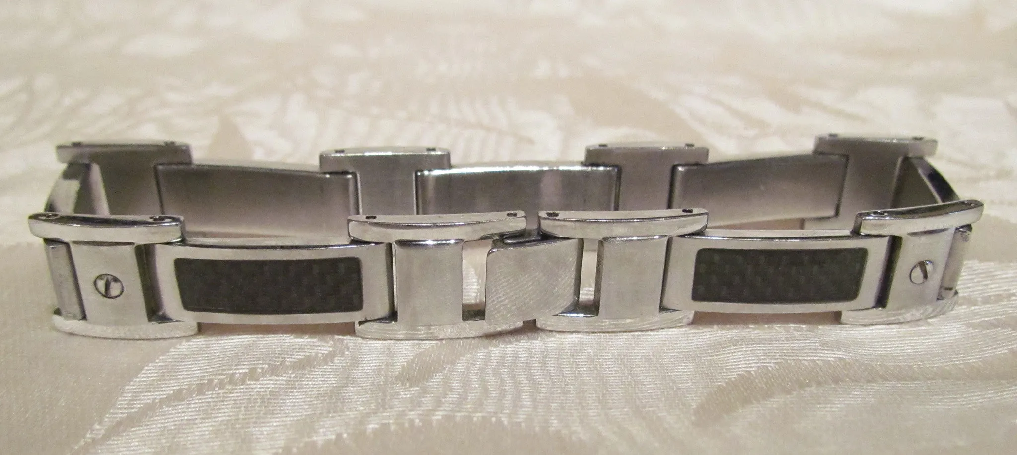 Mens Stainless Steel Link And Enamel Bracelet Vintage Holographic Enamel Inset Links