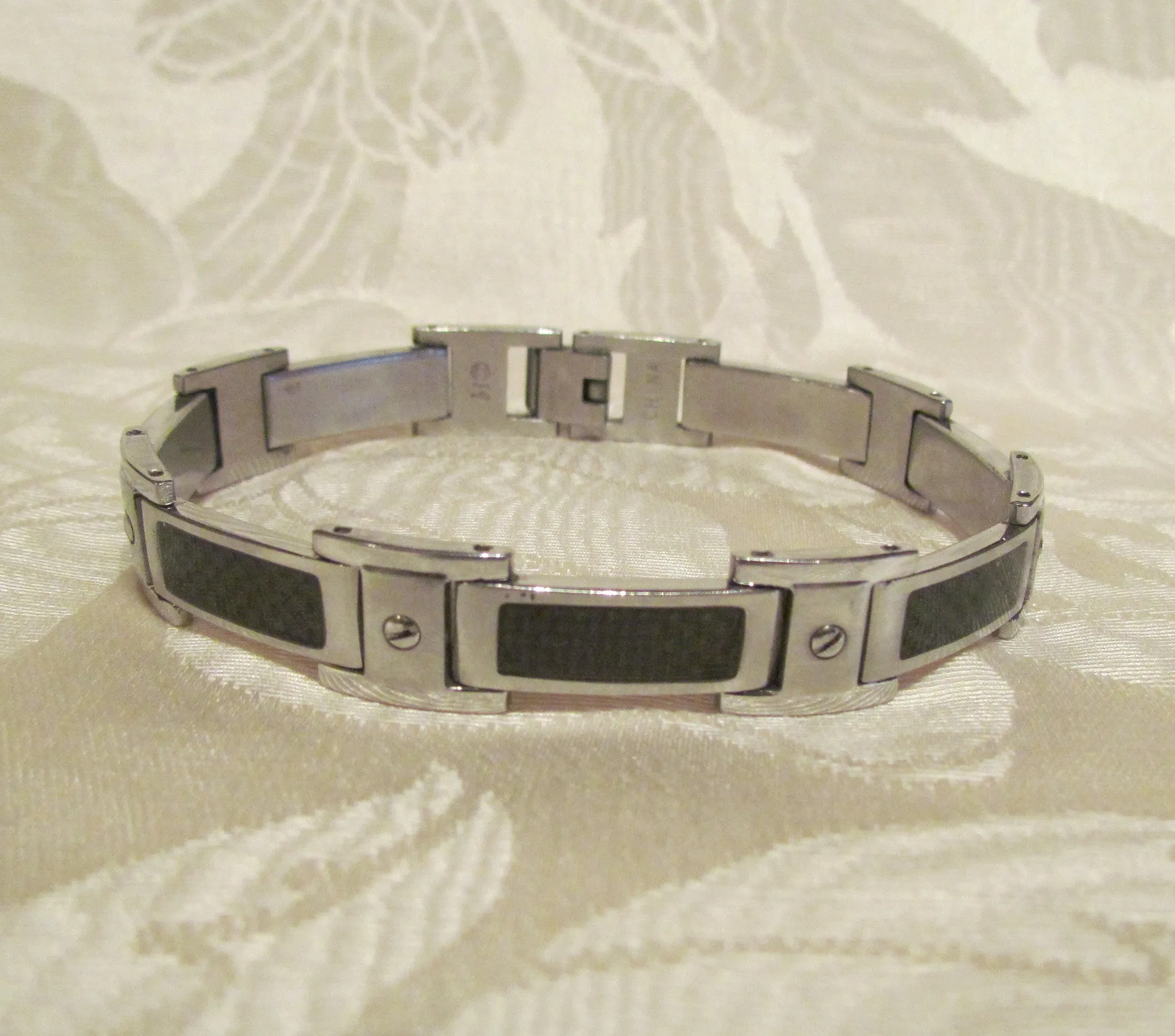 Mens Stainless Steel Link And Enamel Bracelet Vintage Holographic Enamel Inset Links