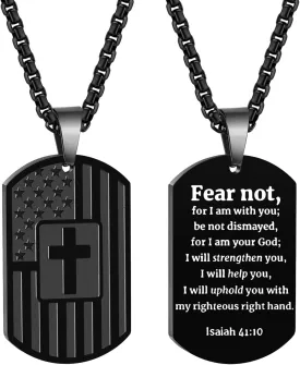 Military Dog Tag Necklace for Men: Black Stainless Steel Patriotic Pendant with American Flag & Bible Verse Jewelry Gifts for Husband/Son/Boyfriend