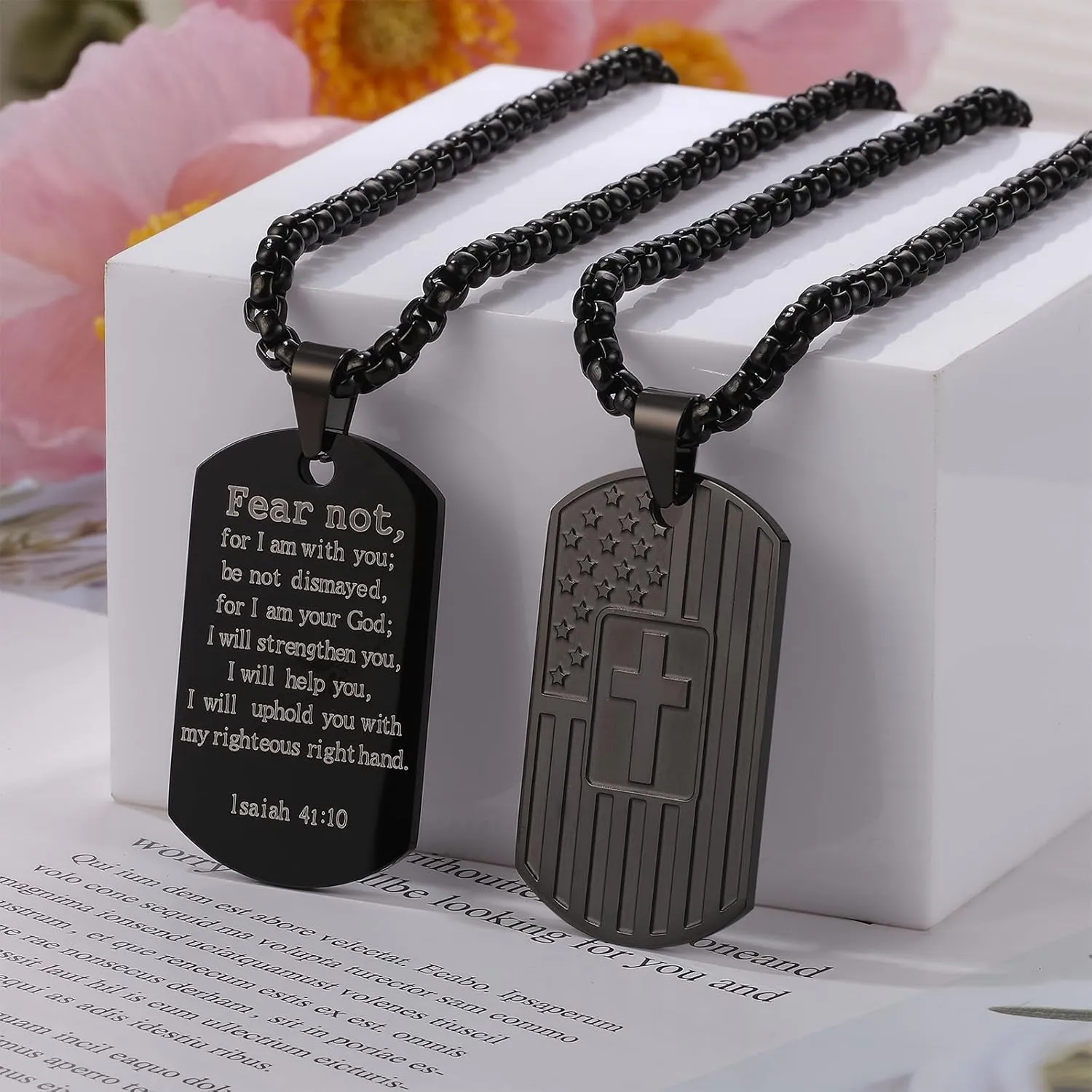 Military Dog Tag Necklace for Men: Black Stainless Steel Patriotic Pendant with American Flag & Bible Verse Jewelry Gifts for Husband/Son/Boyfriend