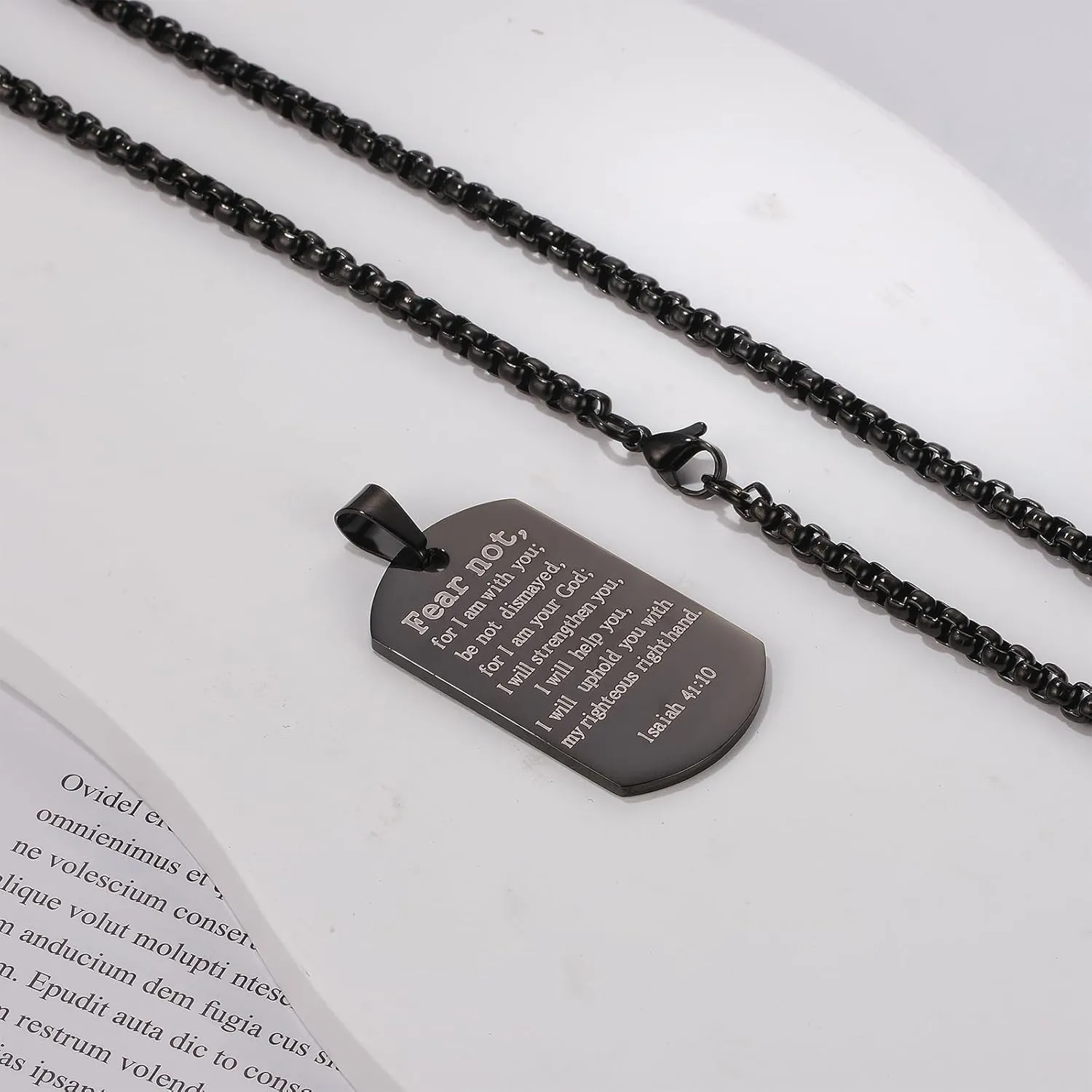 Military Dog Tag Necklace for Men: Black Stainless Steel Patriotic Pendant with American Flag & Bible Verse Jewelry Gifts for Husband/Son/Boyfriend