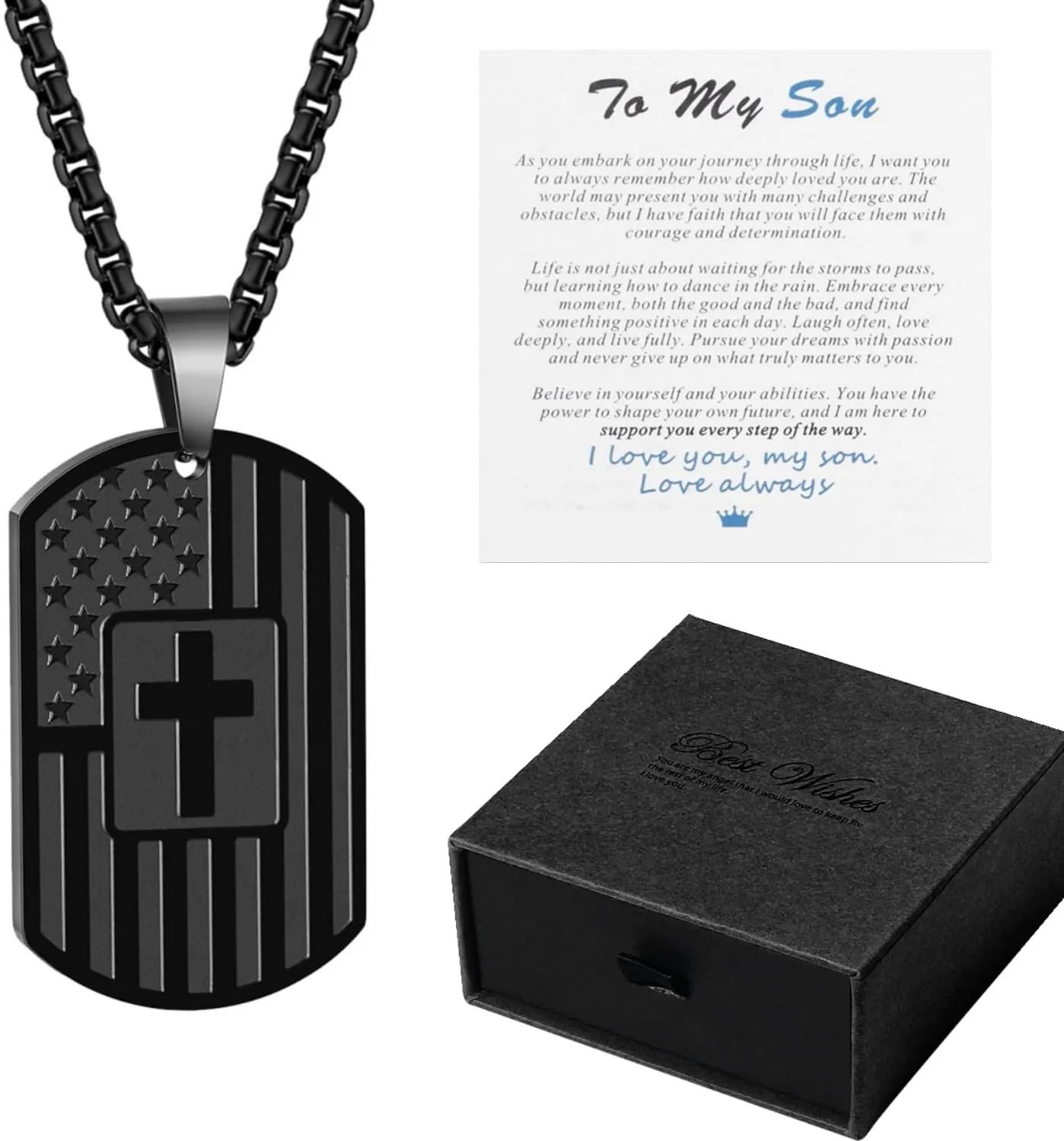 Military Dog Tag Necklace for Men: Black Stainless Steel Patriotic Pendant with American Flag & Bible Verse Jewelry Gifts for Husband/Son/Boyfriend