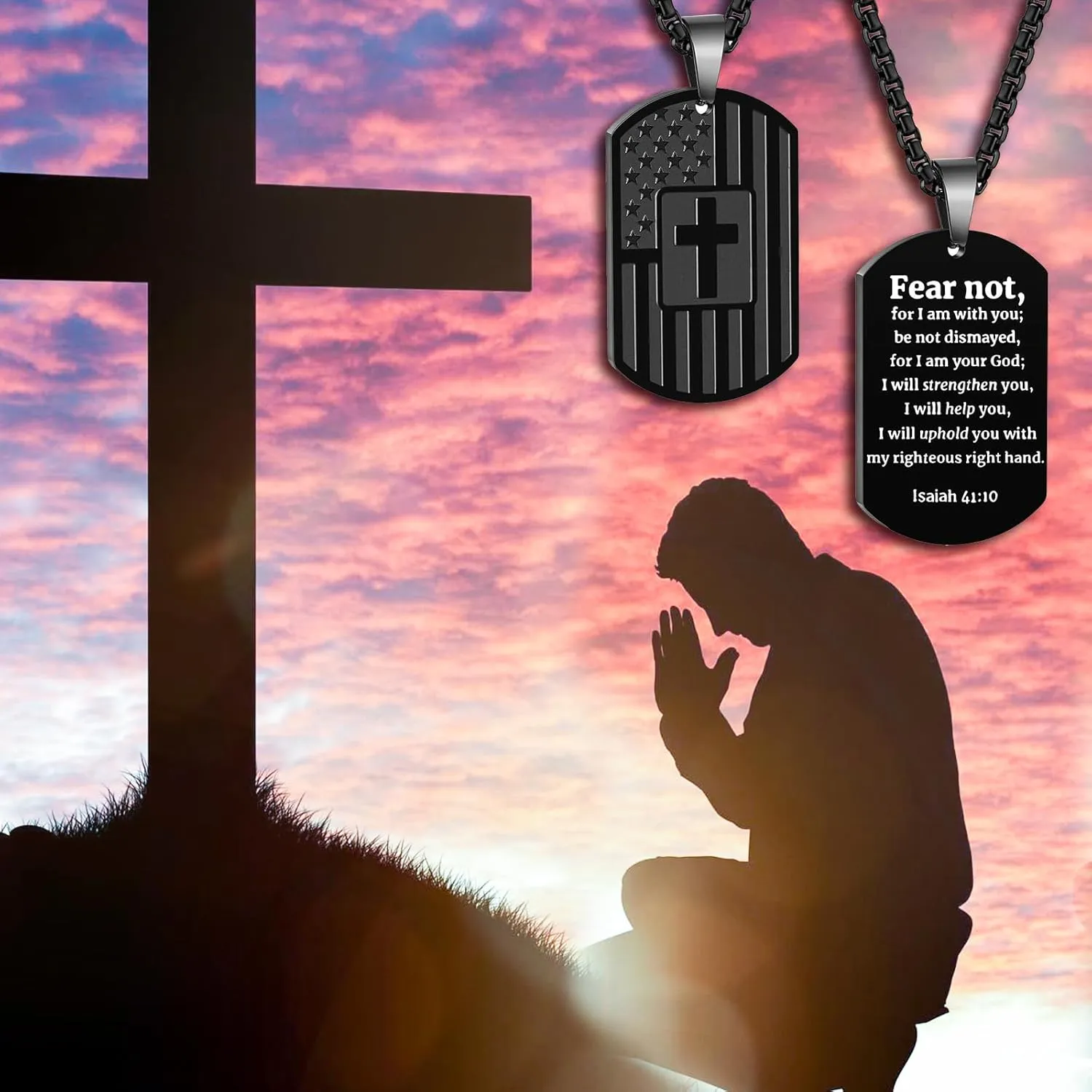 Military Dog Tag Necklace for Men: Black Stainless Steel Patriotic Pendant with American Flag & Bible Verse Jewelry Gifts for Husband/Son/Boyfriend