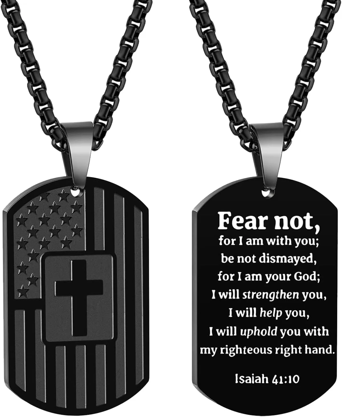Military Dog Tag Necklace for Men: Black Stainless Steel Patriotic Pendant with American Flag & Bible Verse Jewelry Gifts for Husband/Son/Boyfriend